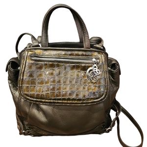 Vtg Brighton Brown Pewter Croc Embossed Leather Backpack Purse Y2K